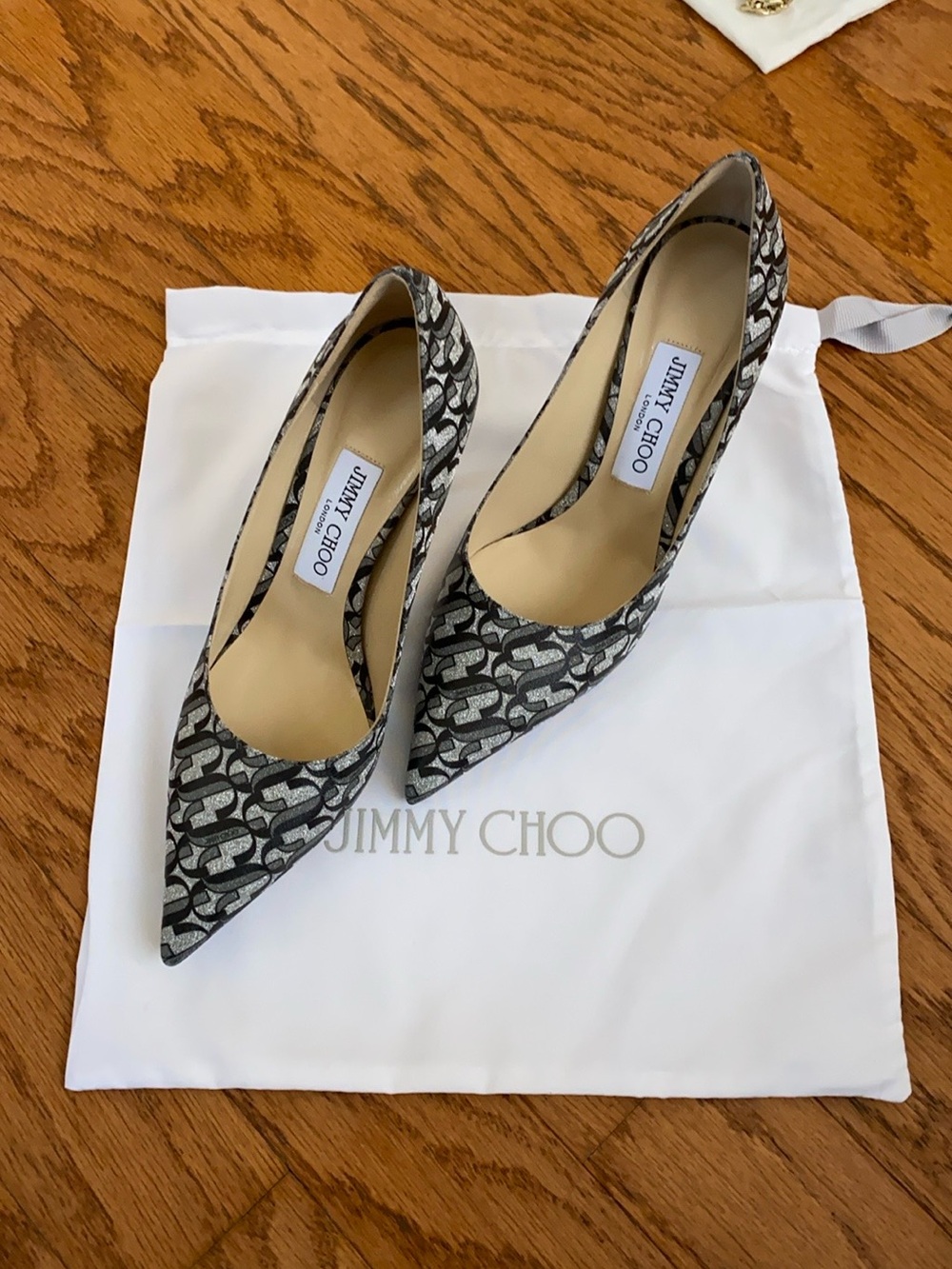 Jimmy Choo Black & Silver Patterned Pointed Toe Pumps